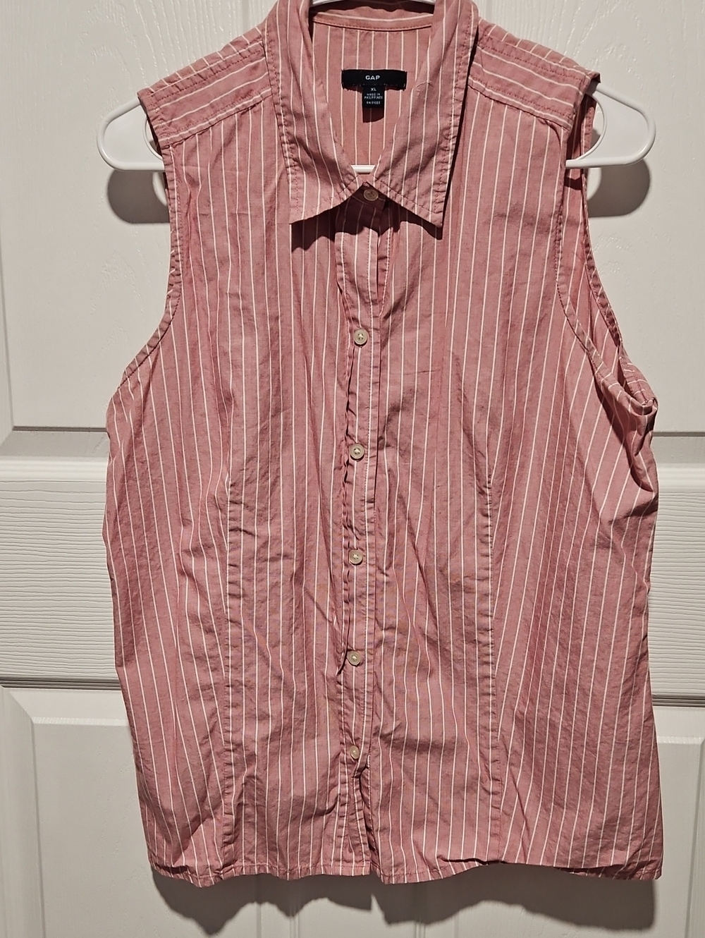 GAP Pink & White Striped Sleeveless Button Shirt